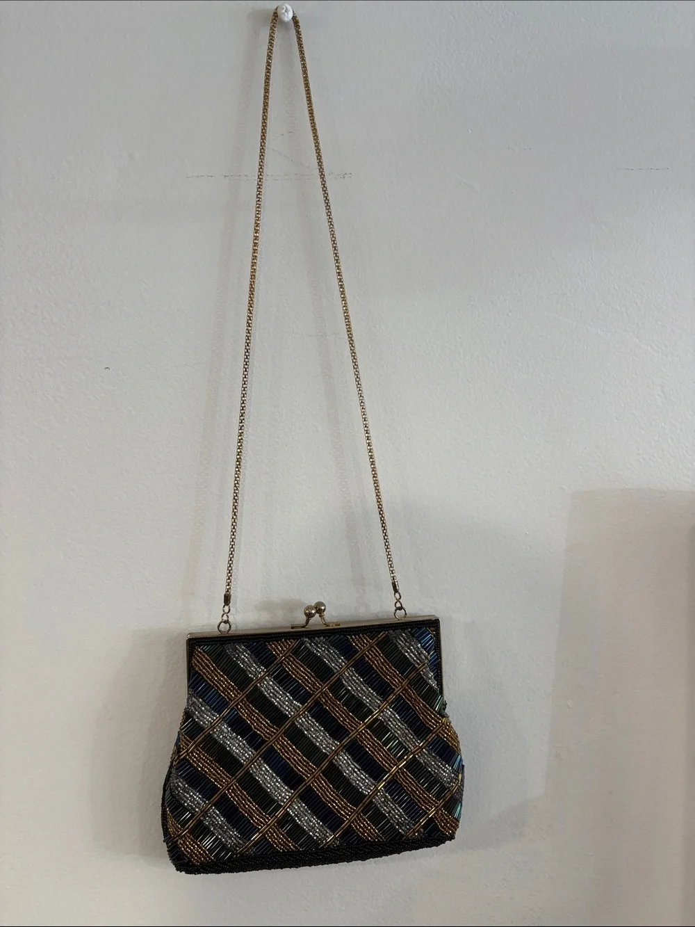 Vintage Beaded Plaid Evening Crossbody Bag in Black and Gold